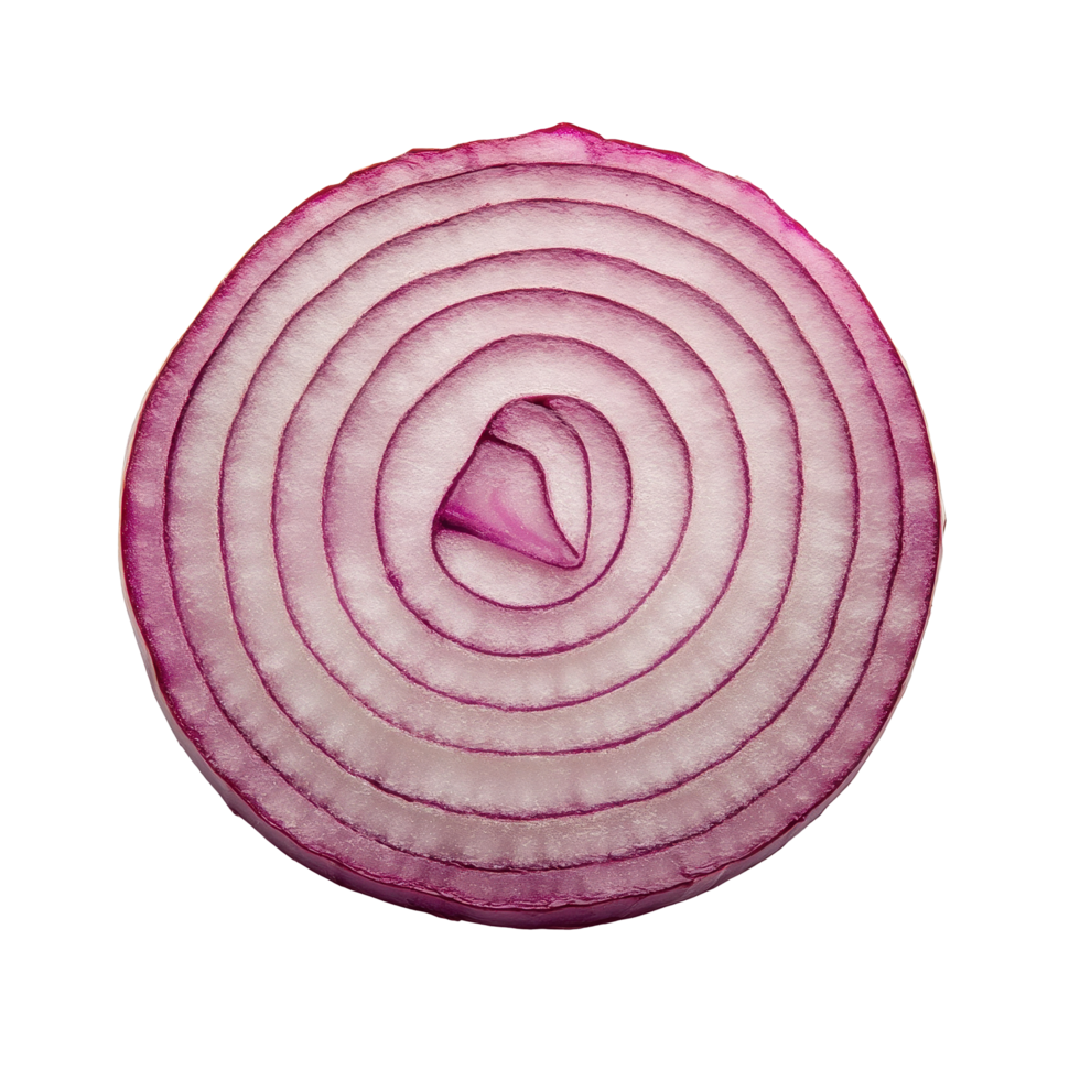 Red onion slice displayed on a clean Transparent background highlighting its vibrant colors and layered texture, Red onion slice on background png
