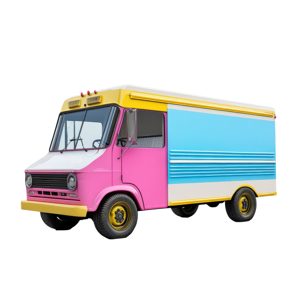 Colorful ice cream truck parked on a Transparent background ready for summer treats and fun, Colorful Ice Cream Truck on background png