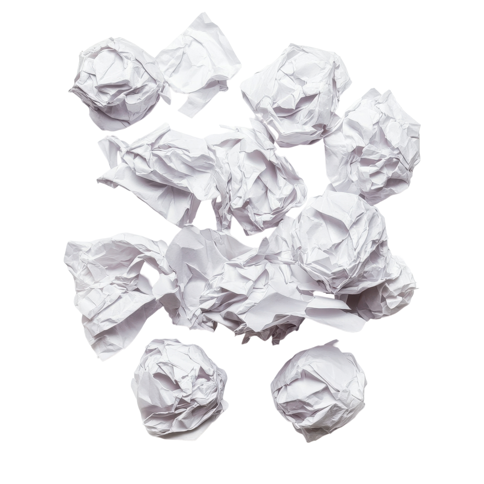 Crumbled paper balls scattered on a Transparent background creating a chaotic yet artistic composition, crumbled paper balls isolated on background png