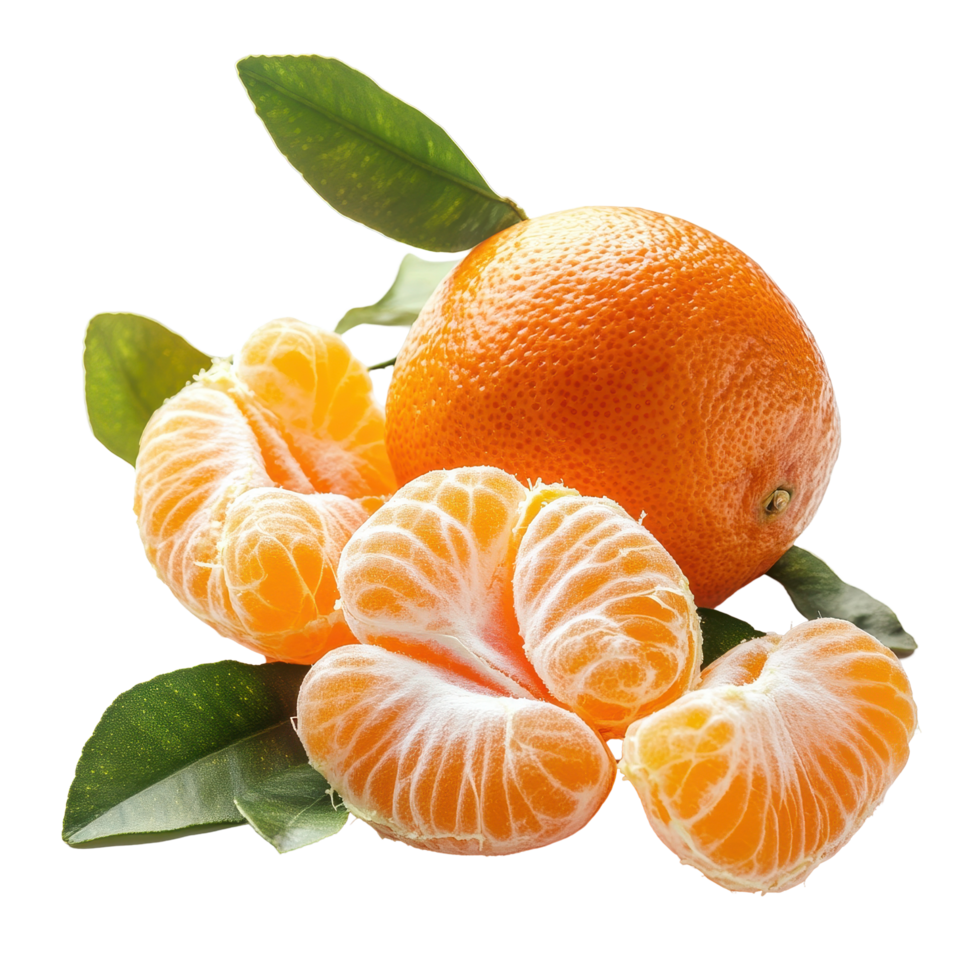 Fresh mandarin tangerine with segments and green leaves on a Transparent background, Mandarin, tangerine citrus fruit isolated on background png