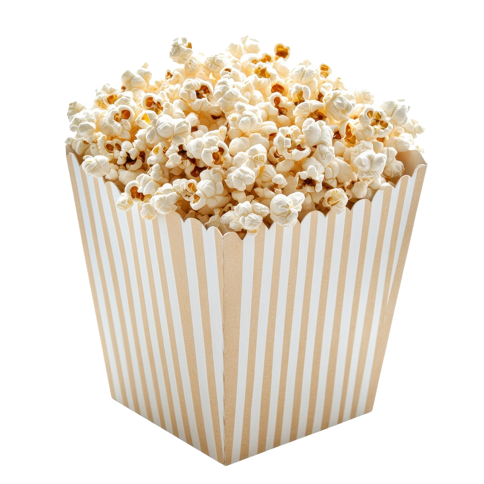 Classic popcorn box filled to the brim with fresh popcorn on a clean white background, Classic Popcorn Box Full On white background png