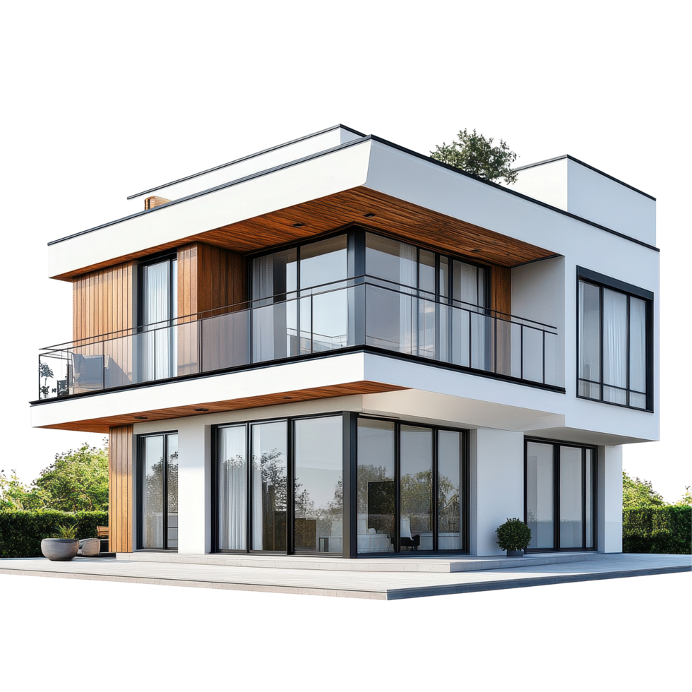 Modern isolated house design featuring a sleek exterior and large windows on a Transparent background, modern house, isolated background png