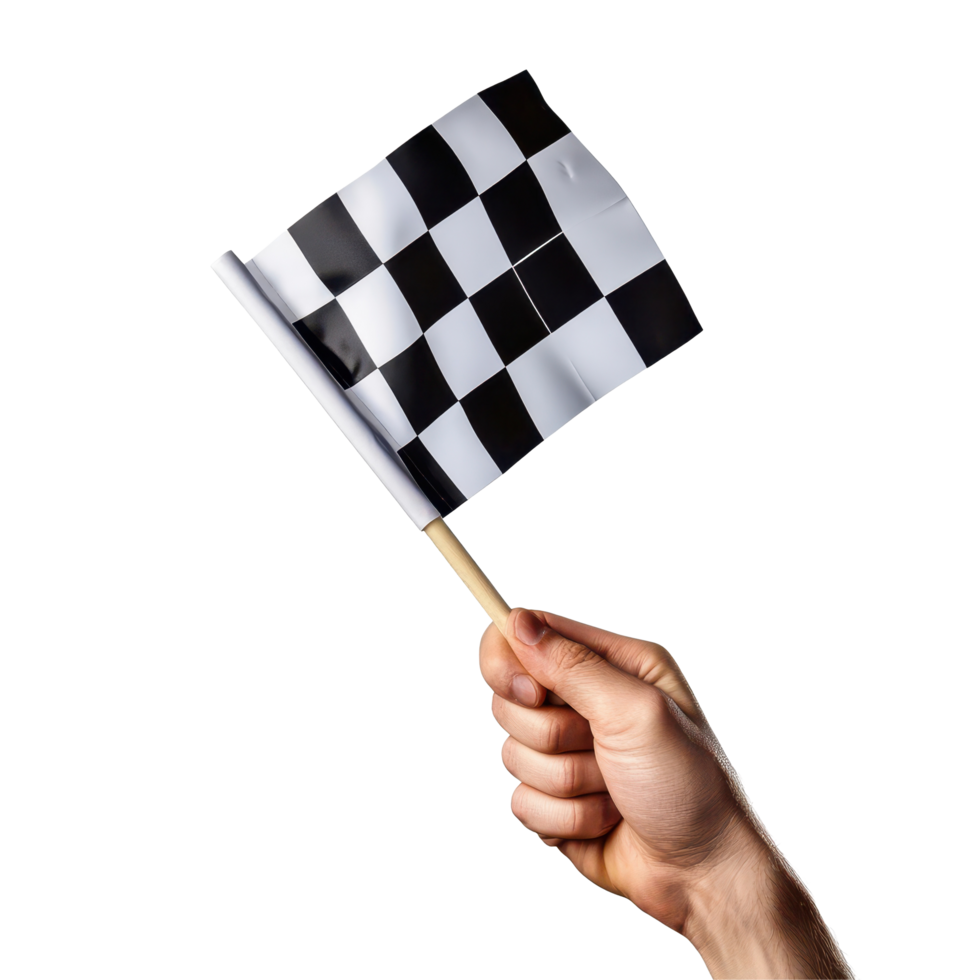 Hand holding a checkered flag symbolizing racing, sports event, and celebration in isolated background, hand holding a checkered flag isolated on white background png