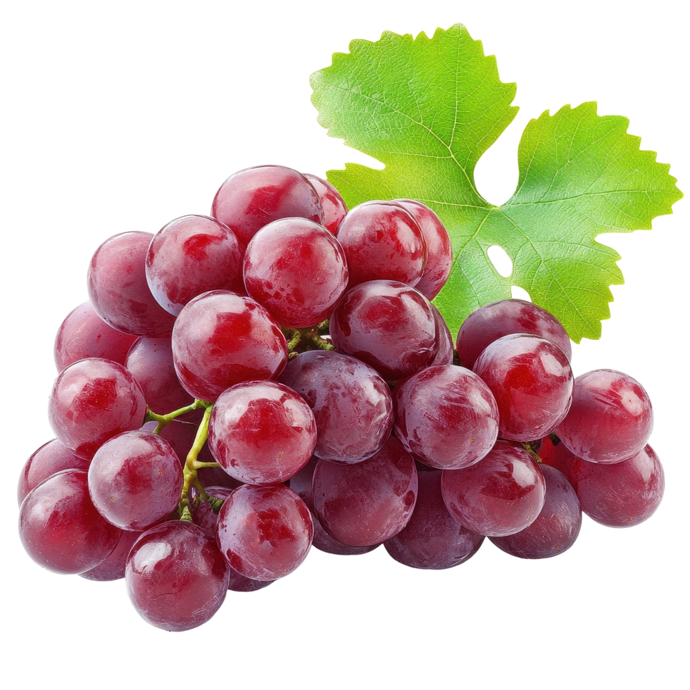 Ripe red grapes with leaves showcase fresh fruit on a Transparent background for healthy snacking and culinary uses, Ripe red grapes isolated on background png