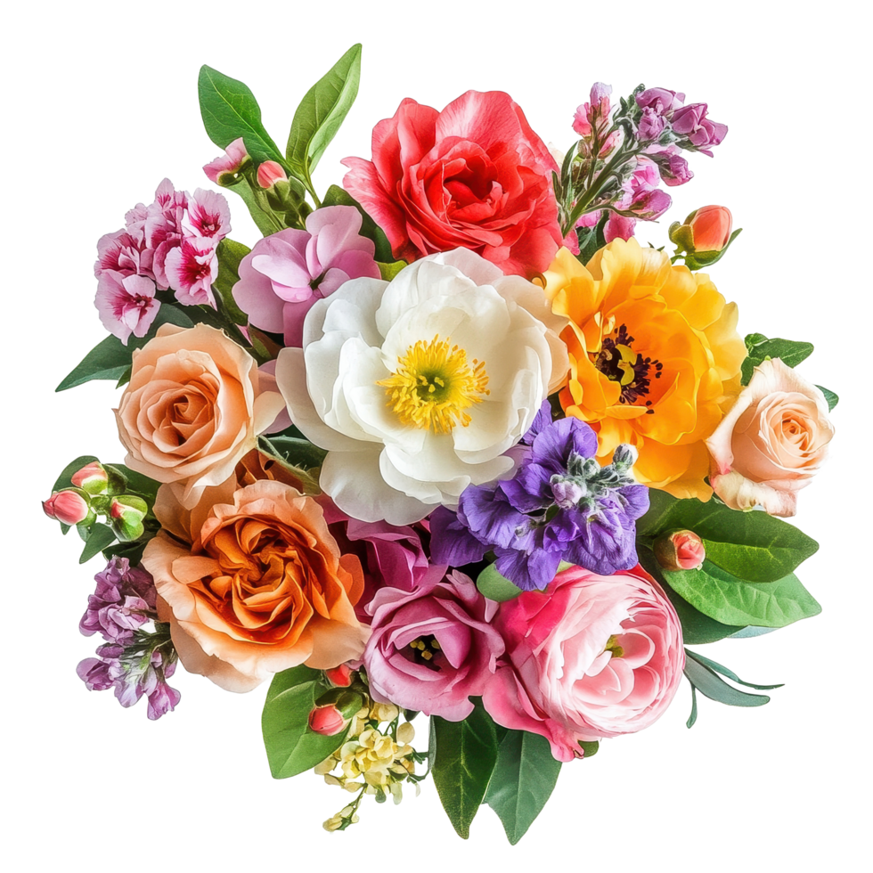Colorful bouquet of fresh flowers with various blooms on a Transparent background, Closeup view purple flower bouquet isolated on background png