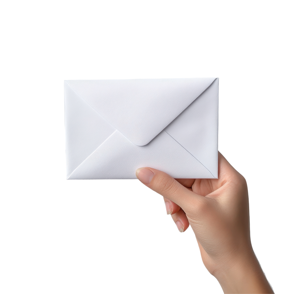 Holding a white envelope above a clean white surface with gentle light illuminating it, Hand Holding a White Envelope on white background Delivery mail concept, white background png