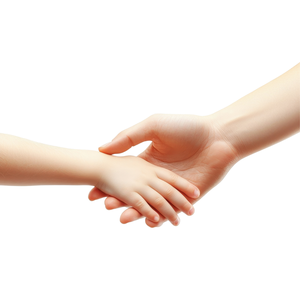 Touching connection between child and adult hands showing love and support, Child and adult human hands isolated on white background. png