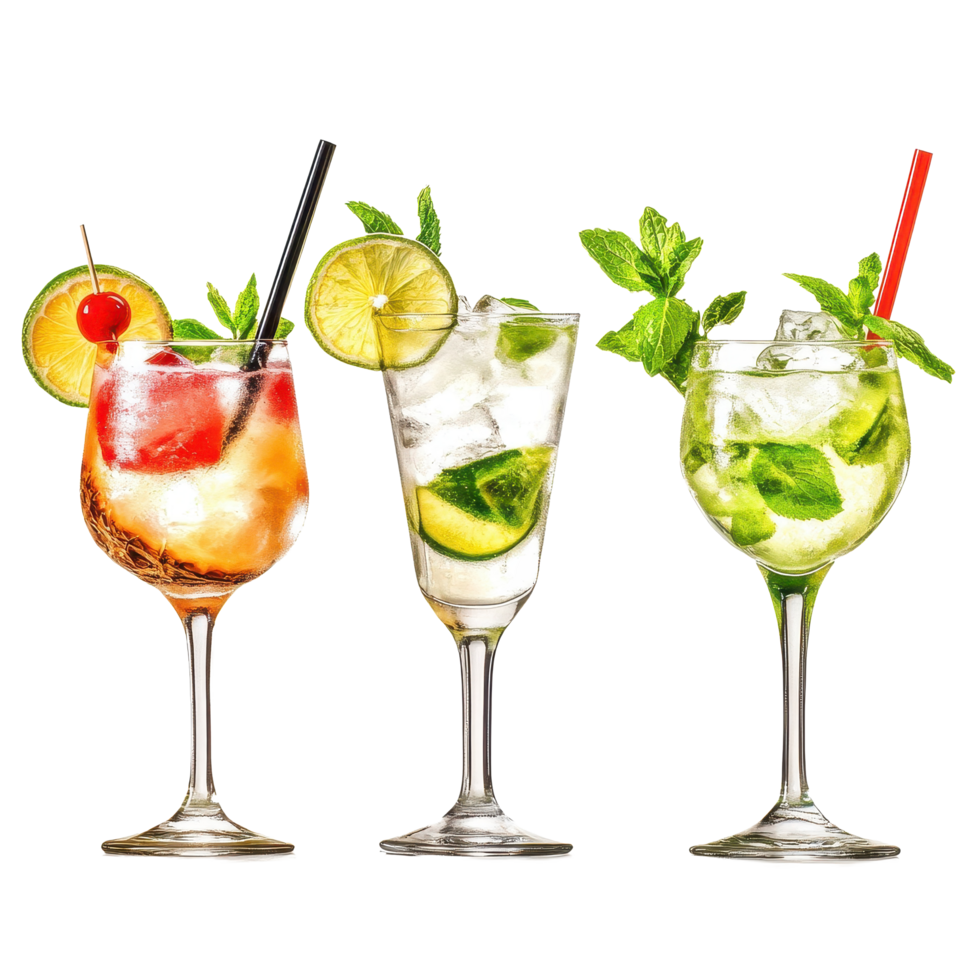Exotic cocktail display featuring colada, margarita, and mojito at a tropical bar, Titre Exotic Cocktail, Colada, Margarita, and Mojito on Transparent background png