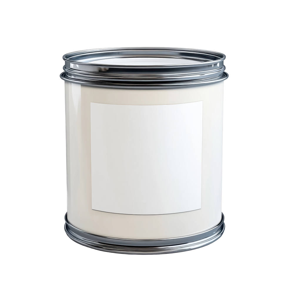 Blank paint can with shiny lid waiting for creative ideas in a clean studio workspace, Paint can with a blank label isolated on Transparent background mockup, background png