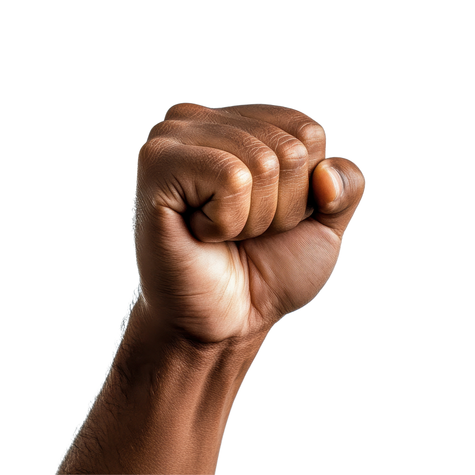 Clenched fist symbolizing strength and determination on a plain white background, Front View Clenched Fist on white background png