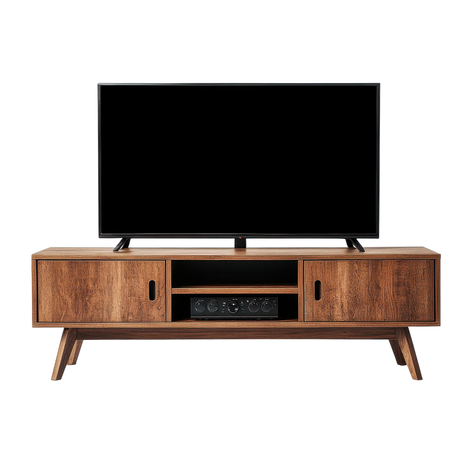 Stylish rectangular TV stand designed for flat screen displays with storage options, TV Stand Rectangular or Square Shaped, Flat Screen isolated on Transparent background png