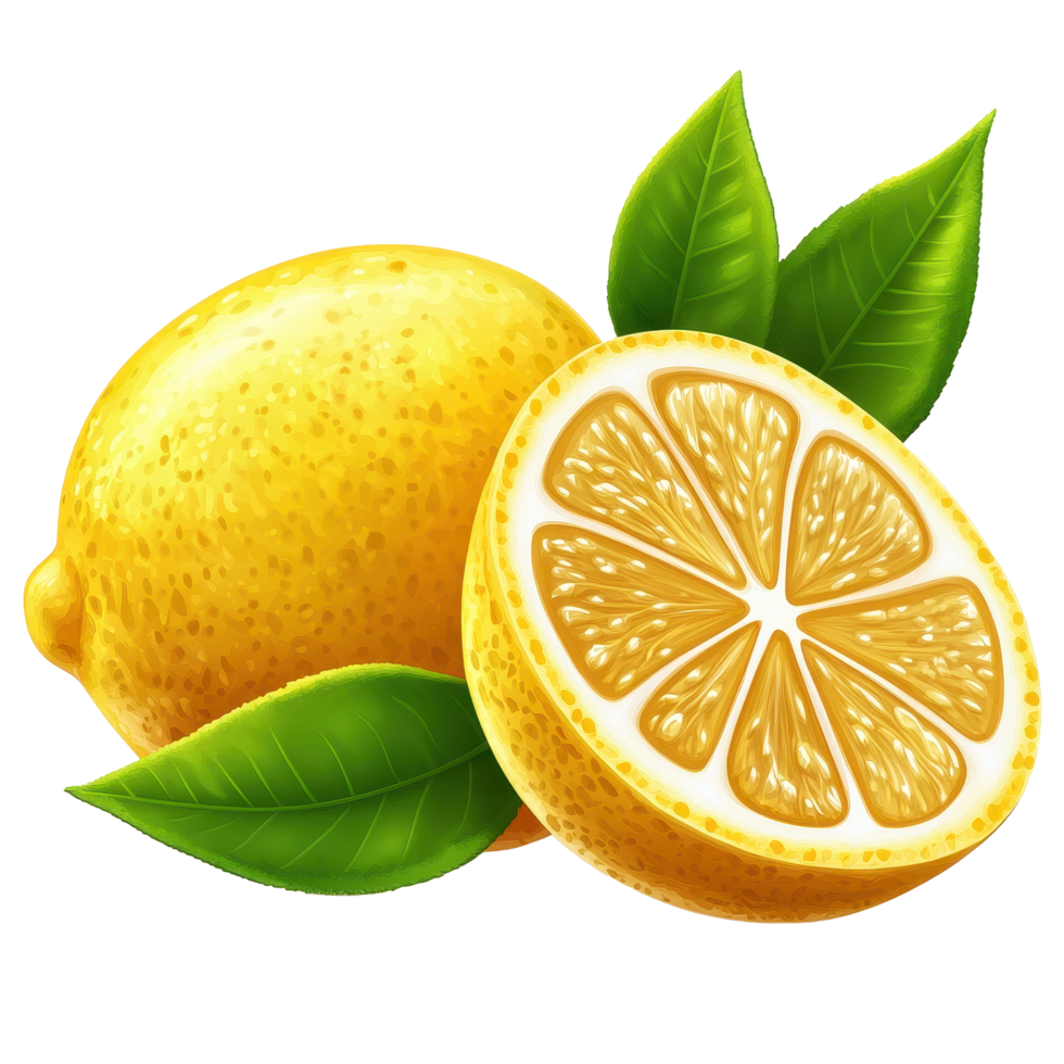 Fresh ripe lemon fruit with bright green leaves and a juicy half isolated on a Transparent background, ripe lemon fruit with leaves and half isolated, Fresh and Juicy Lemon, isolated on background png