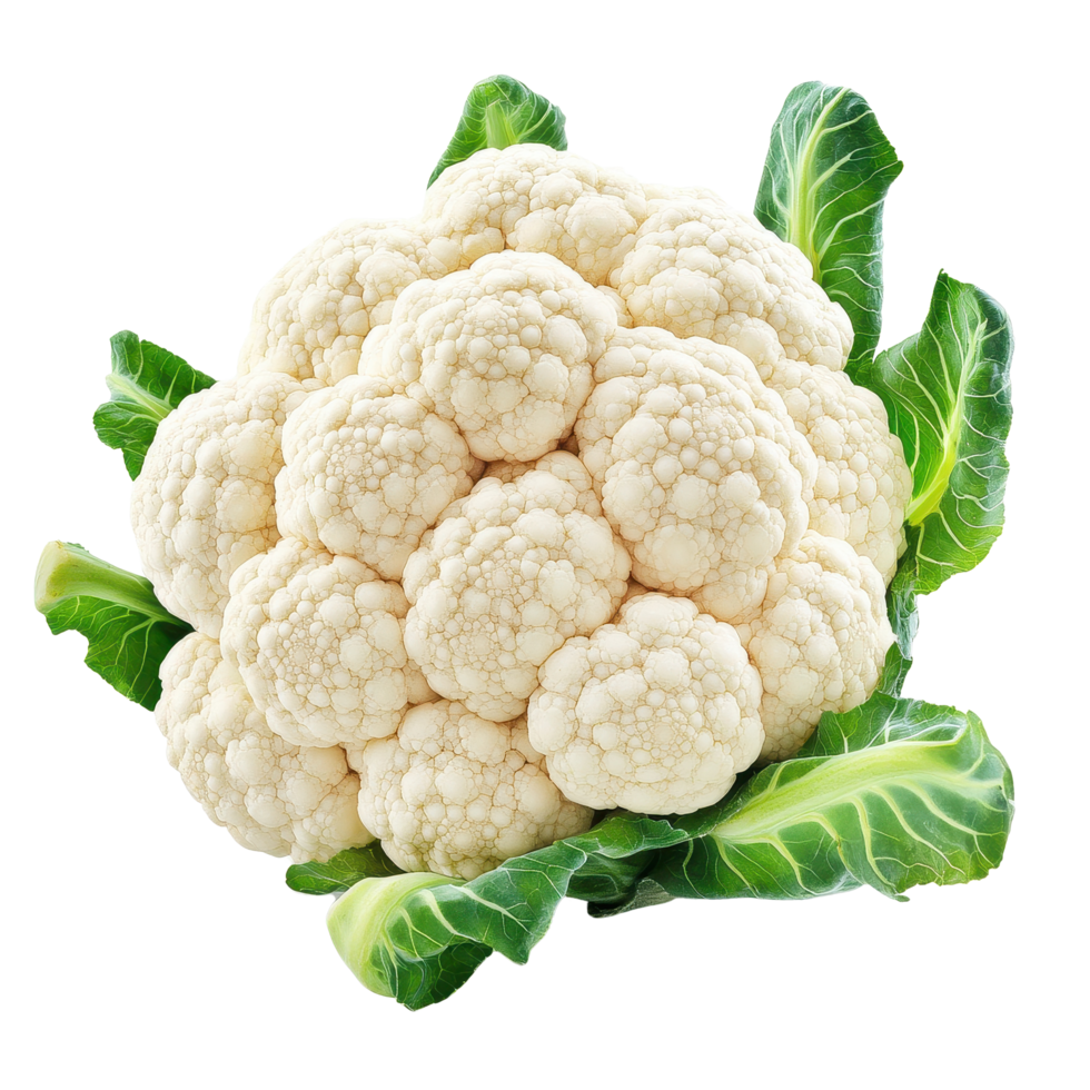 Fresh cauliflower surrounded by crisp green leaves isolated on a white background, Cauliflower isolated on white background png