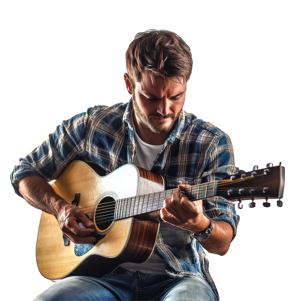 Man plays acoustic guitar against a Transparent background in a casual and relaxed setting, Man playing an acoustic guitar, background png