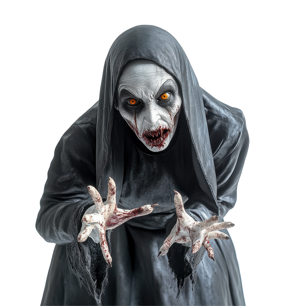 Terrifying bloody evil nun figure with sinister demeanor isolated against plain background, Terrifying Bloody Evil Nun Sinister Figure Isolated on Transparent background Halloween, background png
