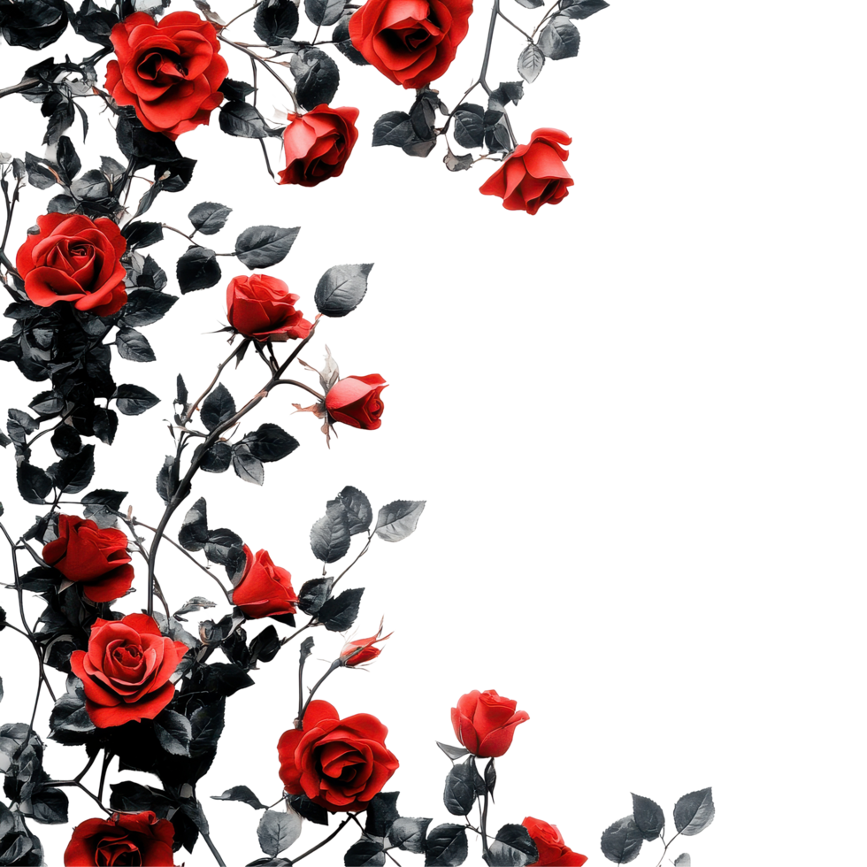 Elegant arrangement of red roses with green leaves on a Transparent background for a romantic setting, Red rose background background png