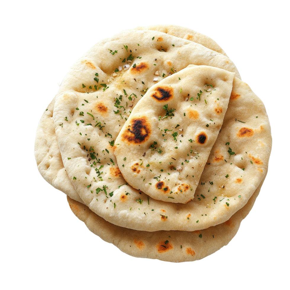 Garlic and herb flatbread pita bread served on a clean white surface with fresh garlic cloves, flatbread, pita bread, garlic and herb, isolated on white background png