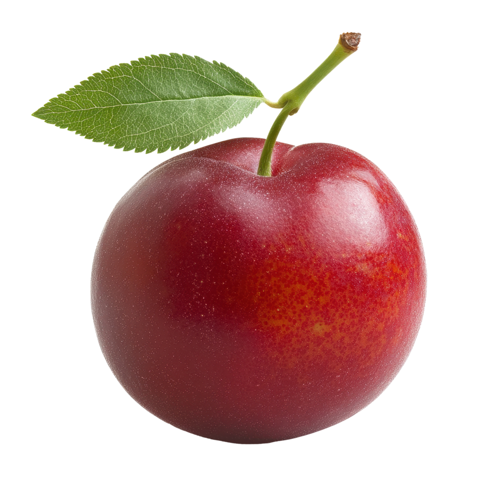 Fresh red cherry plum with green leaf isolated on Transparent background for culinary and artistic use, red cherry plum with leaf isolated on background png