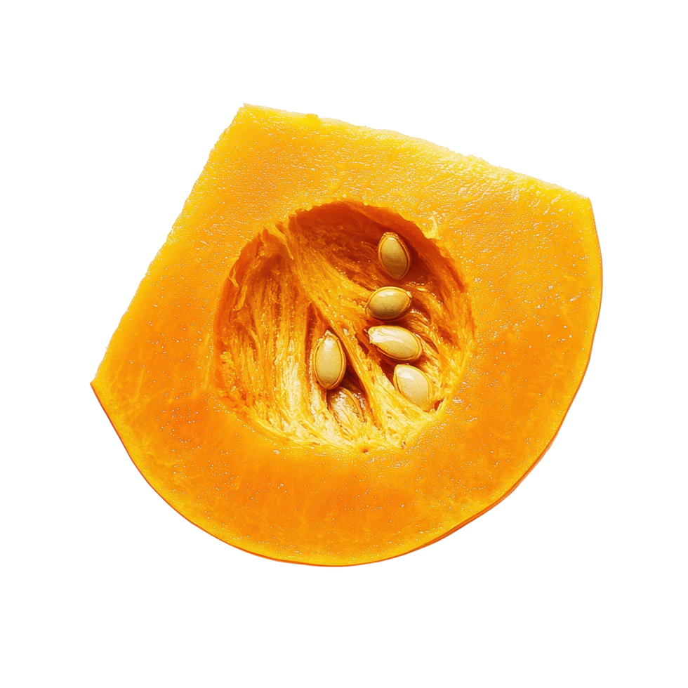 Pumpkin slice showing seeds and pulp on a Transparent background ideal for autumn recipes and decoration, Pumpkin slice on background png