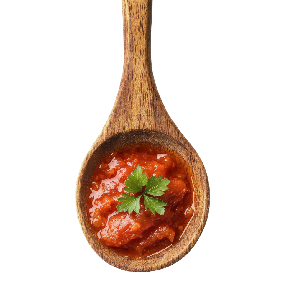 Wooden spoon filled with fresh tomato sauce garnished with herbs on a Transparent background, Wooden Spoon with Tomato Sauce on background png