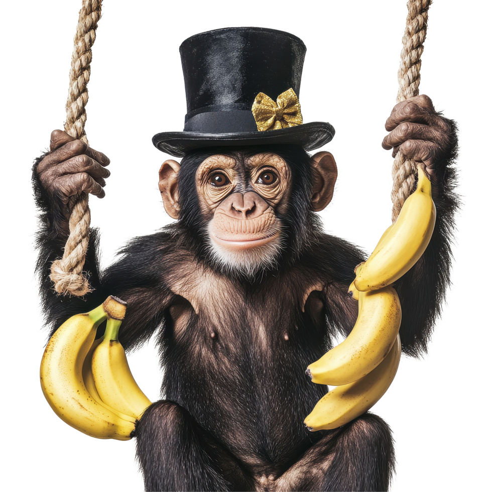macaco dentro uma topo chapéu oscilante com bananas em uma corda dentro uma caprichoso contexto, macaco com uma topo chapéu e bananas suspensão em uma corda, transparente fundo png