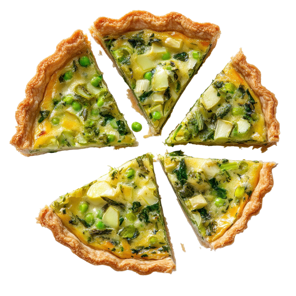 Leek quiche slices arranged on Transparent background showcasing fresh ingredients and vibrant colors, Leek Quiche Slices on background png