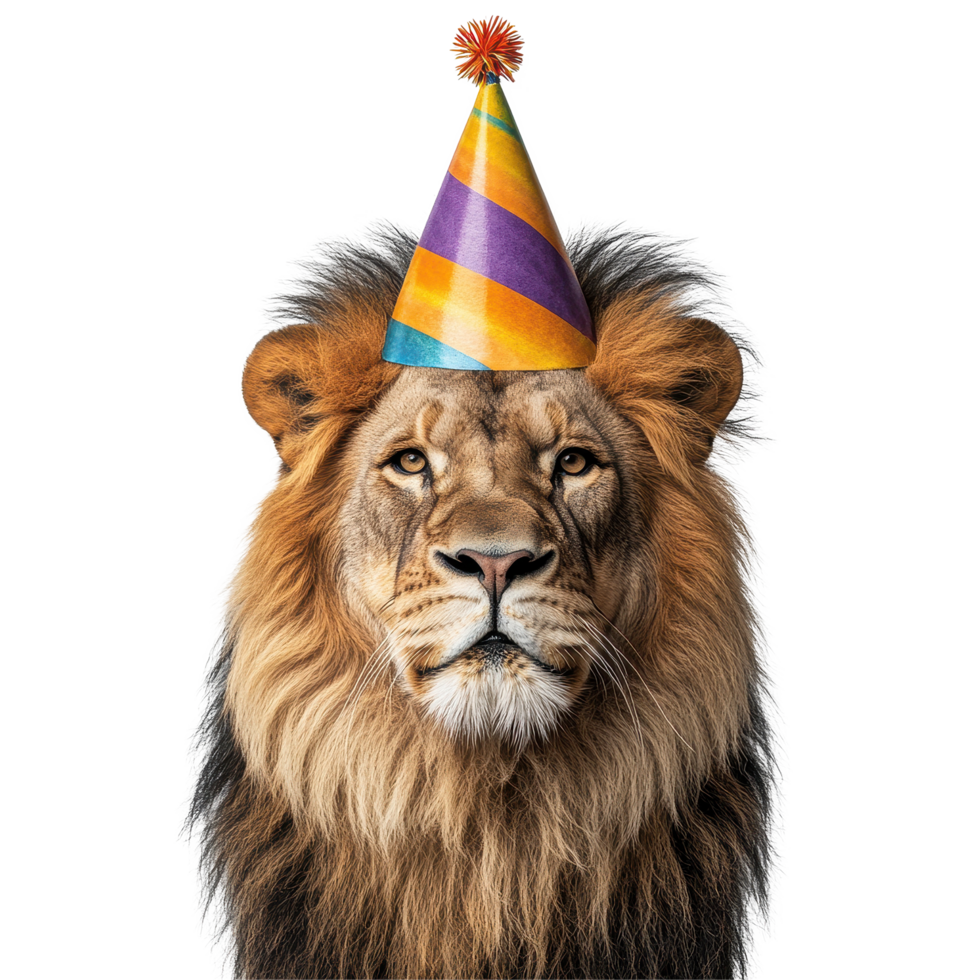 Lion wearing a vibrant party hat celebrates in a playful setting with a bright Transparent background, Lion with Vibrant Party Hat on background png