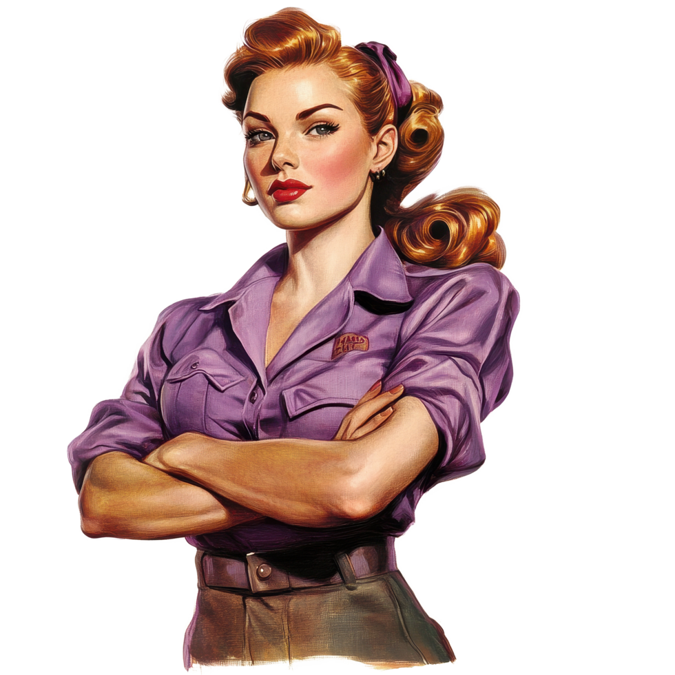 Purple ribbon pin up symbolizing courage and support in a vintage style portrait, Purple Ribbon Pinup A Symbol Courage and Support, Transparent background png