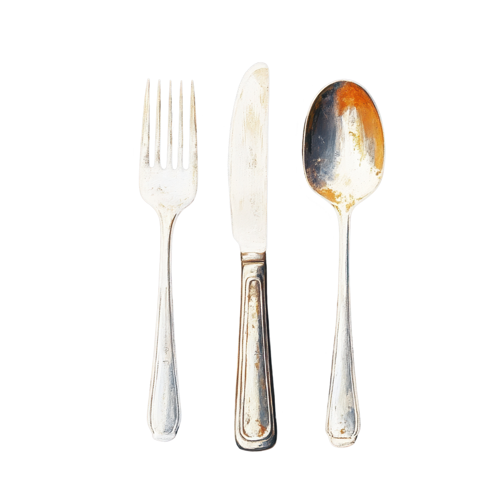 Elegant display of knife, fork, and spoon arranged on a dark surface for a refined dining experience, Knife, Fork and Spoons png