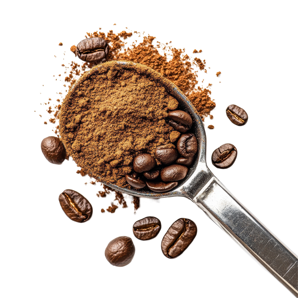 Instant coffee granules and whole beans on a white background showcasing a rich brown color and texture, instant coffee on white background png