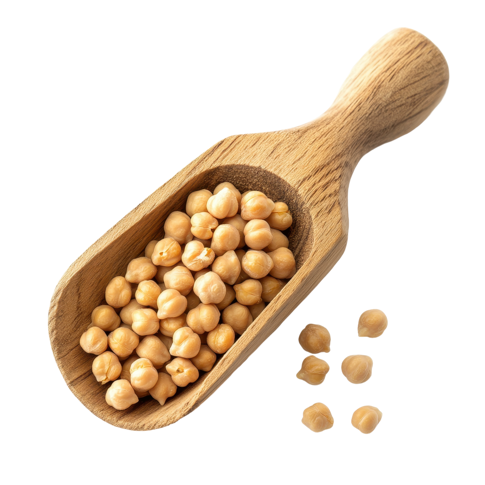 Chickpeas displayed in a wooden scoop against a white background for culinary use, Chickpeas in wood scoop isolated on white background png