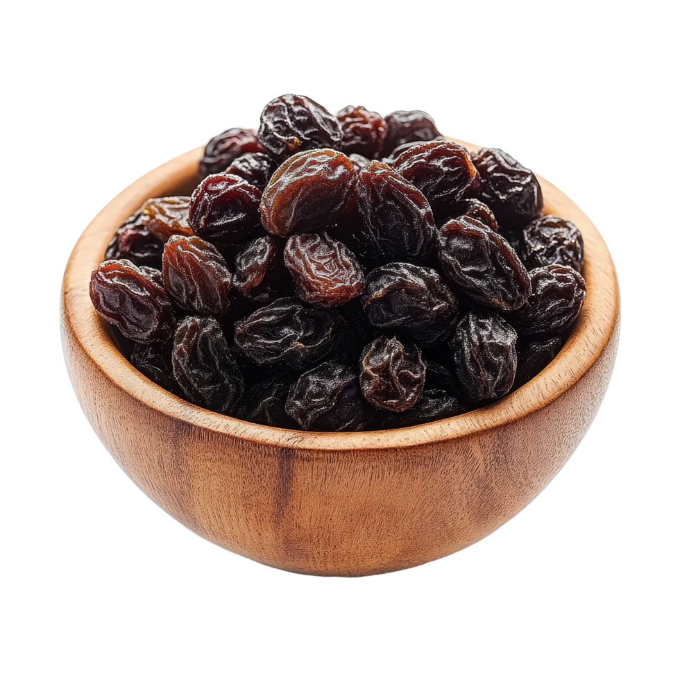 Raisins in a wooden bowl isolated against a plain Transparent background, Raisins in wooden bowl isolated on background png