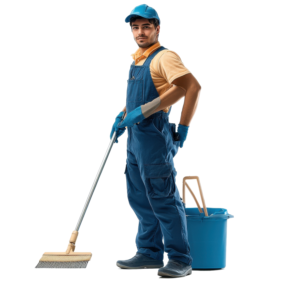 Janitor cleaning with broom on Transparent background during a maintenance task, Male Janitor on background png