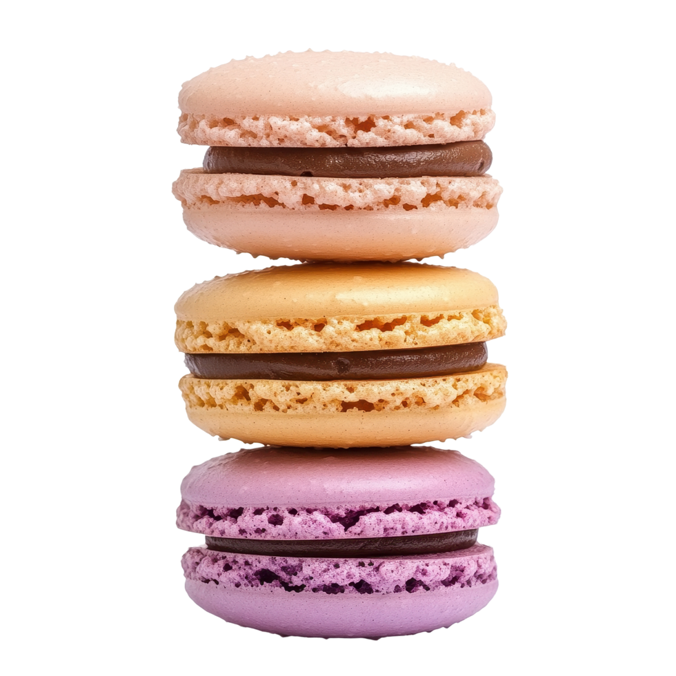 Colorful macaroons stacked beautifully on a Transparent background showcasing delightful shades and textures, macaroonsisolated on backgroundbackground png
