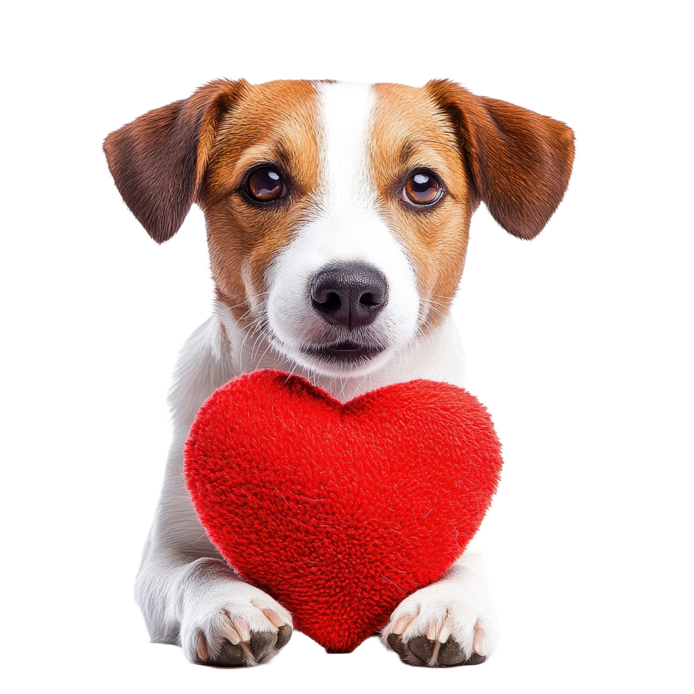 Cute dog holding a red heart against a Transparent background, perfect for spreading love and joy, cute dog with heart isolated png