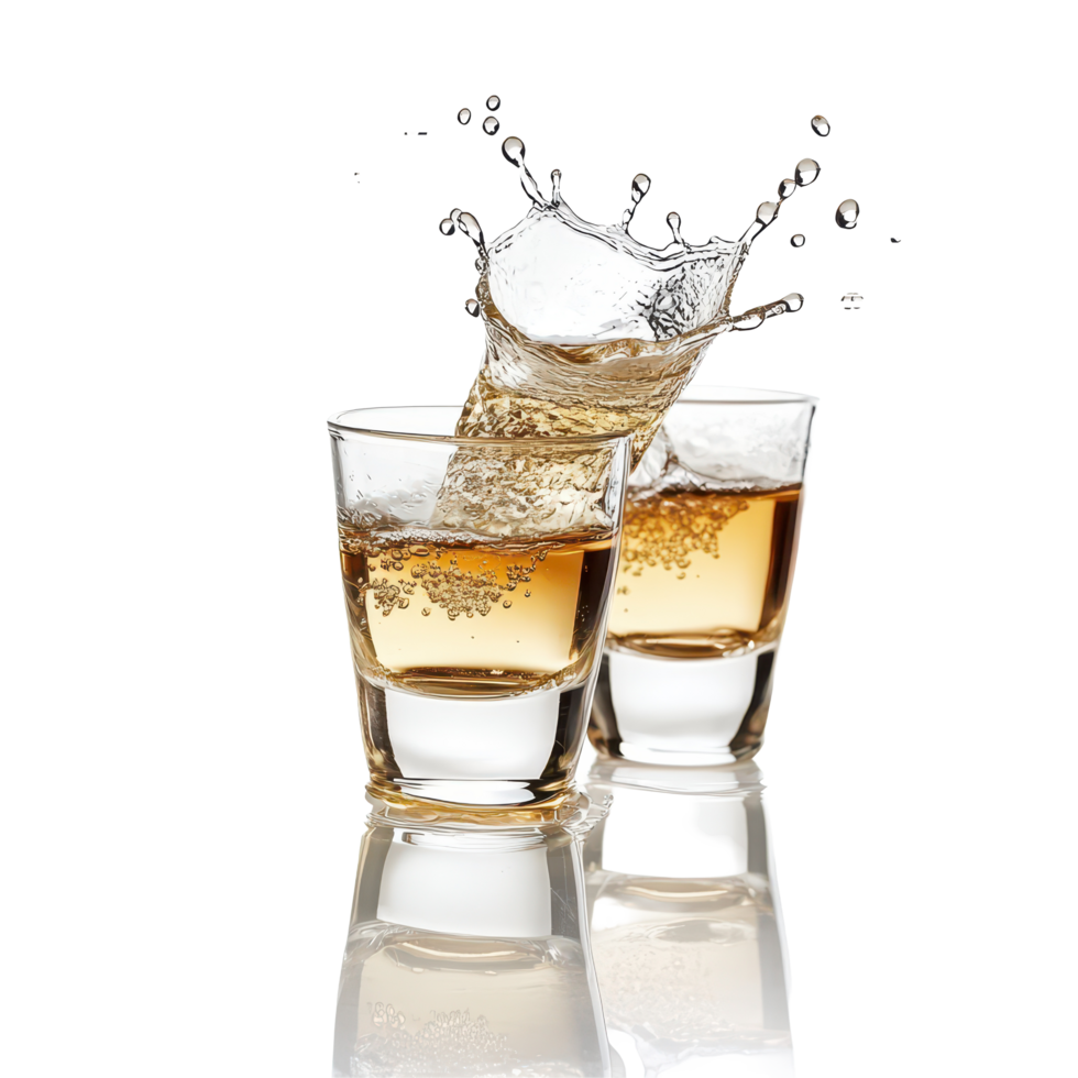 Glasses clink together in celebration with tequila splash during festive moment, Glasses shot tequila making toast with splash isolated on trasparent or isolated on white background png