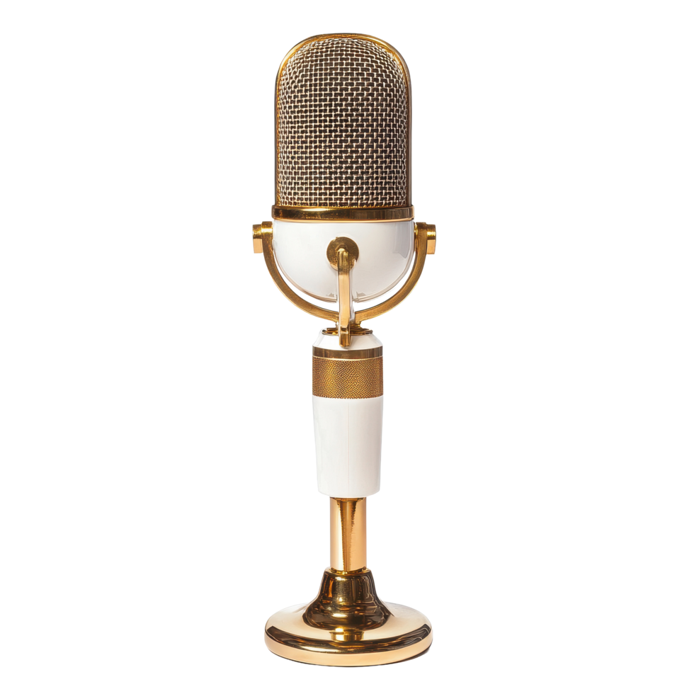 Vintage jazz microphone in white and gold design on isolated background with retro style allure, retro jazz white and gold microphone on isolated isolated on Transparent background png