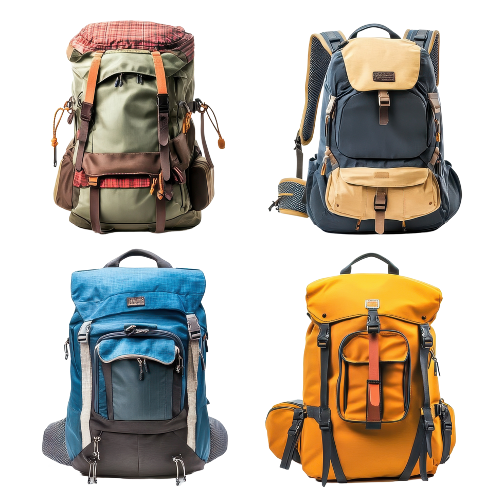 Modern travel backpacks displayed on a Transparent background for outdoor adventures and urban exploration, Modern Travel Backpacks Isolated on background png