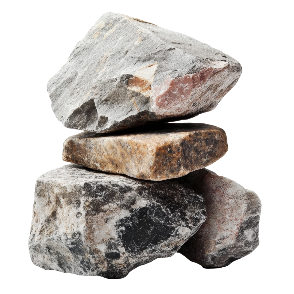Different types of stones stacked together on Transparent background showcasing natural textures and colors, stones or rocks isolated on background png