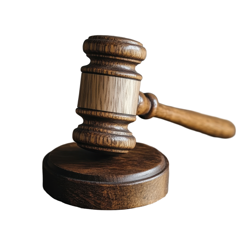 Wooden gavel resting on a wooden table with a rustic background in a courtroom setting, Wooden gavel on wooden table, on background png