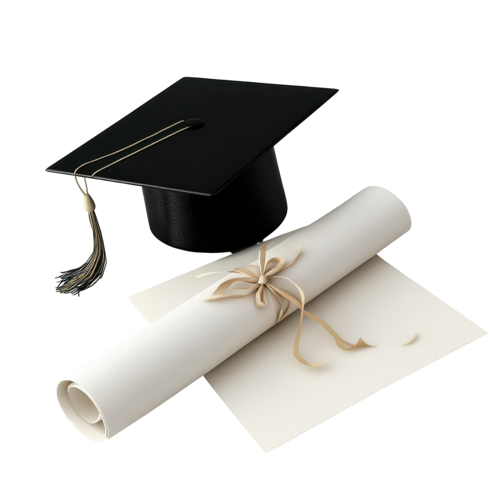Celebrating academic achievement with a mortarboard and diploma on a clean Transparent background, Mortarboard and Diploma, background png