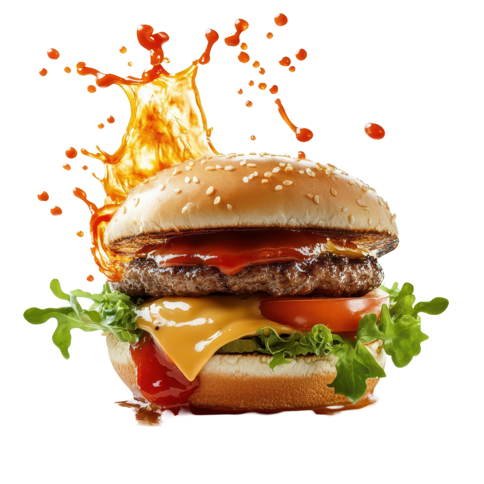 Juicy hamburger overflowing with sauce and a splash of liquid goodness, hamburger with a lot sauce and a splash liquid, white background png