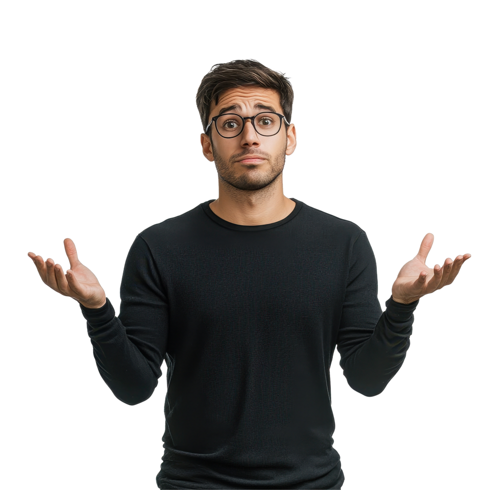 Man shrugging in casual attire against a simple Transparent background expressing uncertainty or confusion, Portrait a Man Shrugging, background png