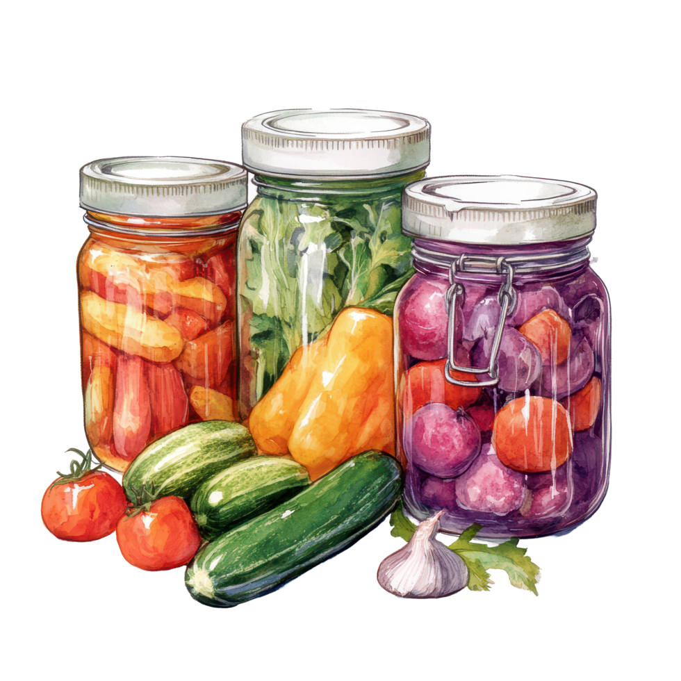 Summer harvest vegetables preserved in home canning jars on a white background, Home Canning Jars Summer Harvest Vegetable on White Backgroun png