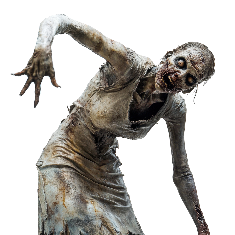 Reaching female zombie with a terrifying expression on a Transparent background, Reaching Female Zombie on background Scary Undead Character, background png