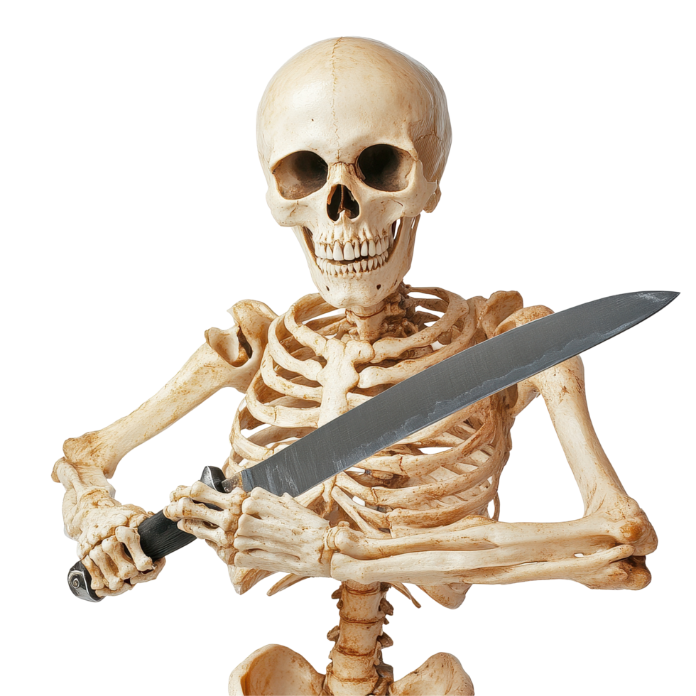 Scary human skeleton holding a knife on a Transparent background for Halloween or horror themed decorations, Scary Human Skeleton with Knife background png