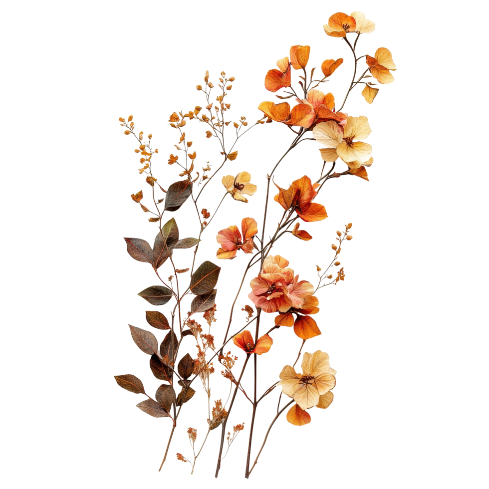 Vibrant autumn flowers and leaves arranged gracefully on a clean Transparent background for seasonal decor, of autumn flowers isolated on a background png