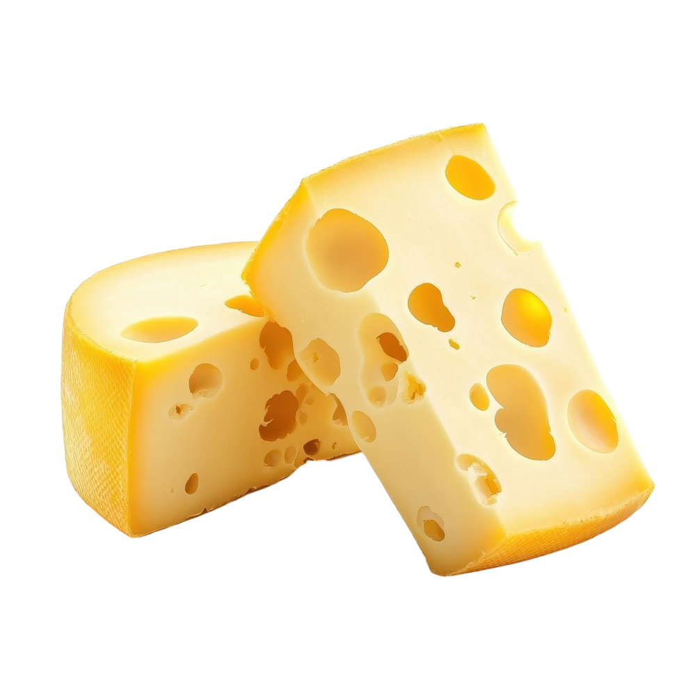 Delicious yellow cheese pieces showcasing texture and holes on a clean Transparent background, Two pieces cheese isolated on background png