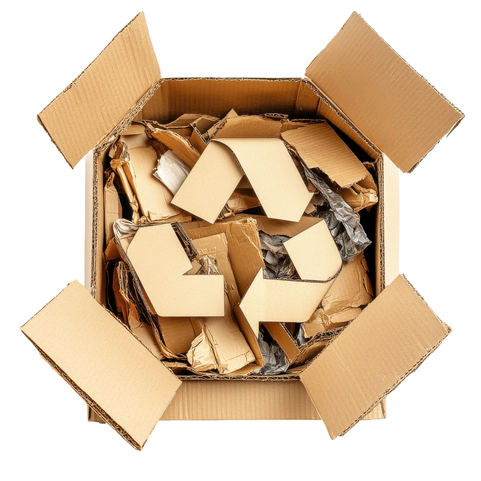 Cardboard recycling symbol displayed in a container filled with waste materials on a white background, Cardboard recycling symbol isolated on white background png