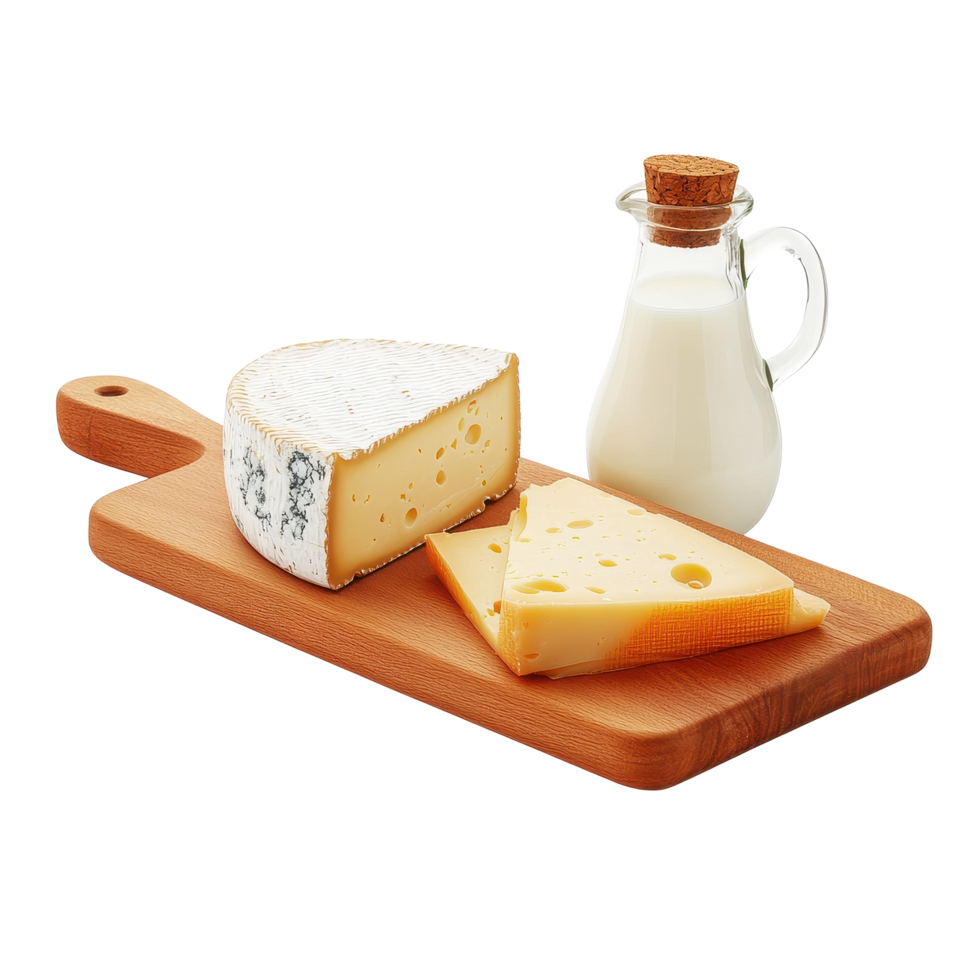 Delicious dairy products including cheeses and milk arranged on a wooden cutting board, Dairy Products Cheeses and Milk on the Cutting Board isolated on Transparent background png